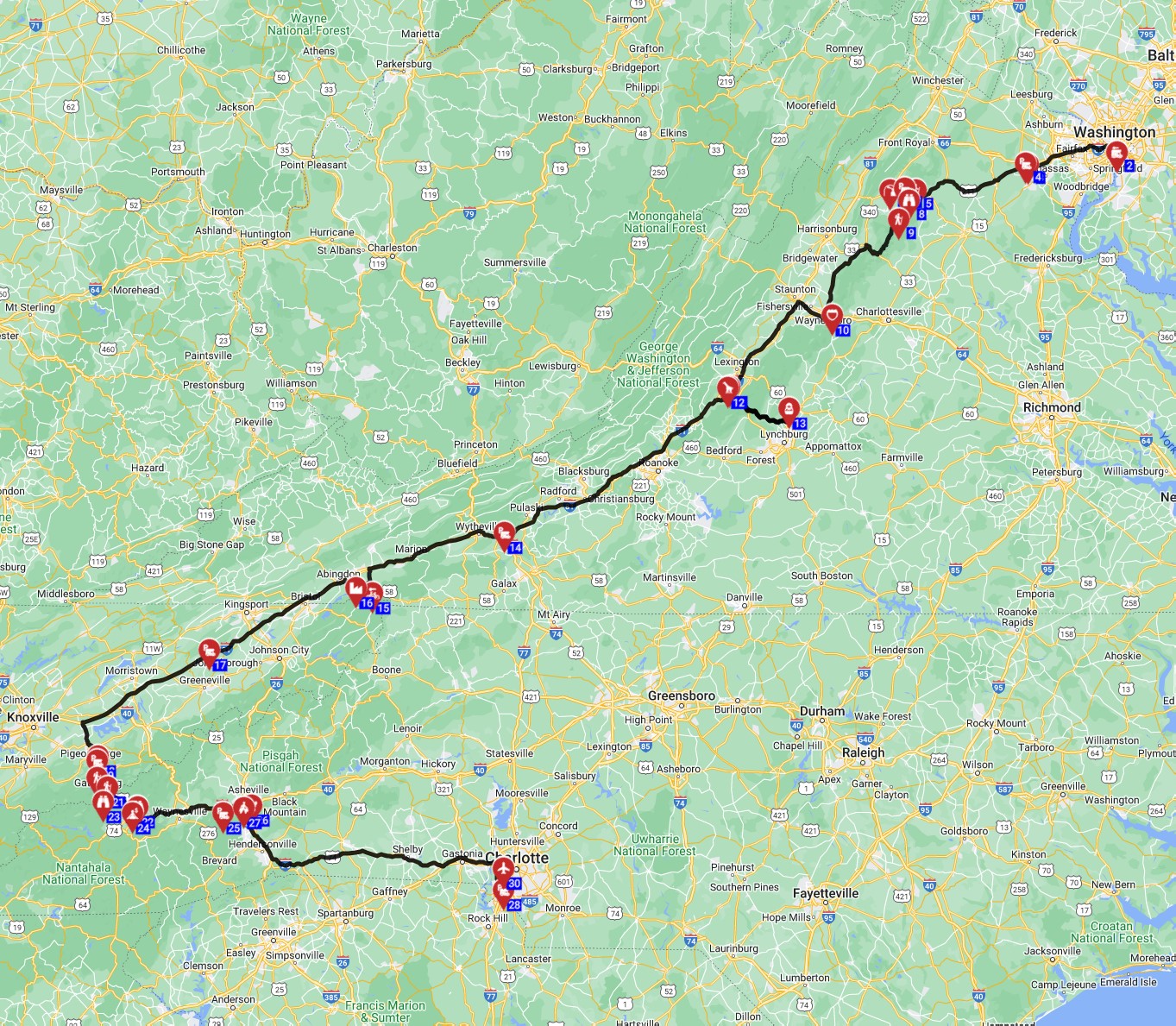 USA RV route planner for a Motorhome road trip from Washington DC to Charlotte